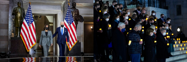 El presidente Joe Biden y la vicepresidenta Kamala Harris, previo a ofrecer su discurso; congresistas recuerdan a las víctimas en una vigilia afuera del recinto, ayer.