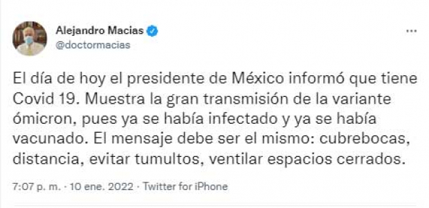 El mensaje en Twitter del doctor Alejandro Macías