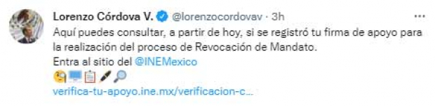 El mensaje de Lorenzo Córdova sobre el registro de la firma de apoyo para la revocación de mandato