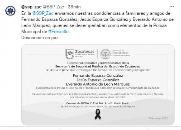 Condolencias de la SSp de Zacatecas