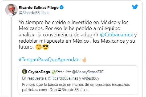 El mensaje de Ricardo Salinas en Twitter y la respuesta de CryptoDega