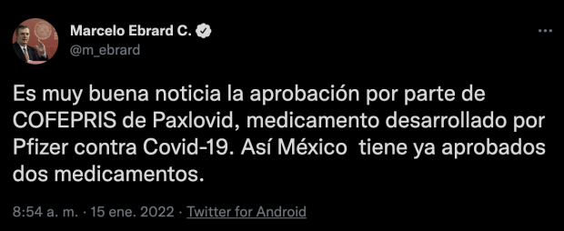 Mensaje publicado en la cuenta de Twitter de Marcelo Ebrard.