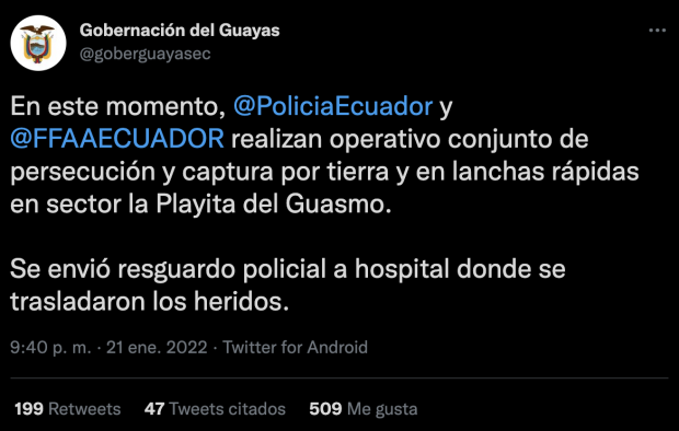 Mensaje publicado en redes sociales de la Policía de Edcuador