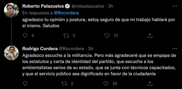 Conversación en twitter que tuvieron Roberto Palazuelos y Rodrigo Cordero.