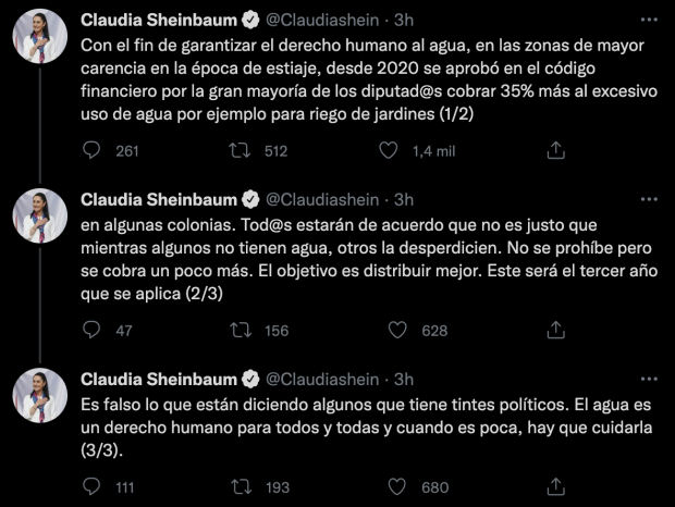 Mensaje publicado en la cuenta de Twitter de Claudia Sheinbaum.