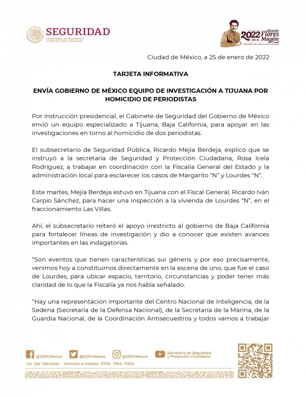 Envía Gobierno de México equipo de investigación a Tijuana por homicidio de periodistas.