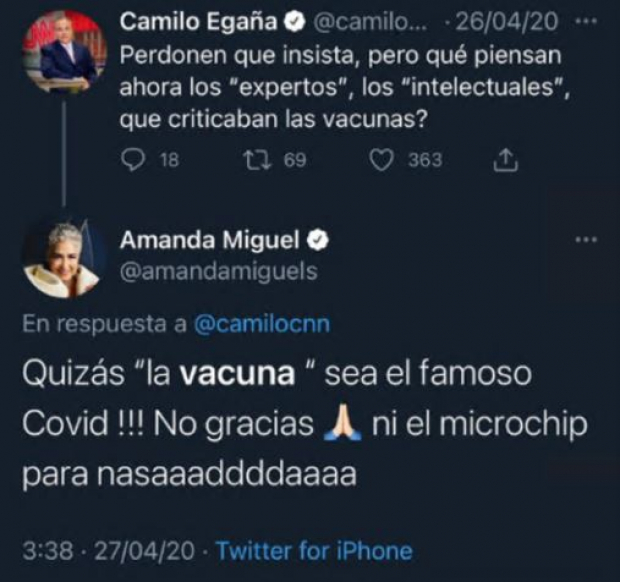 Tuit antivacunas de Amanda Miguel