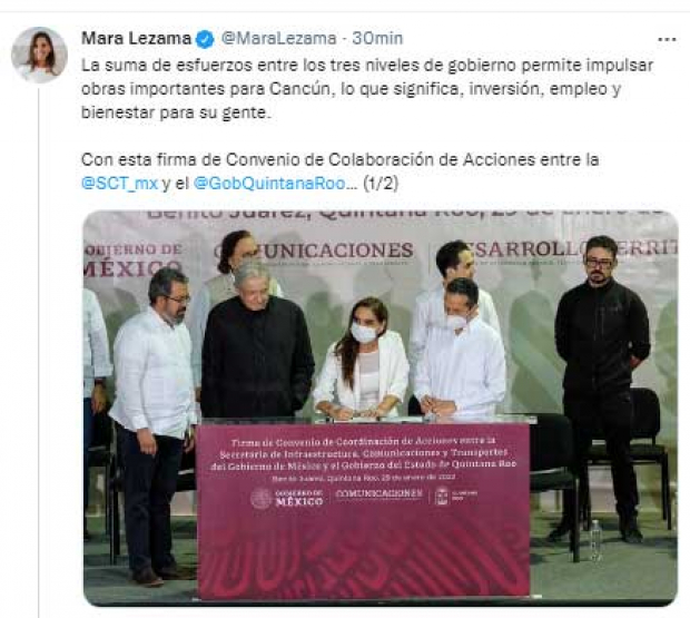 Mara Lezama saludó la suma de esfuerzos entre los tres niveles de gobierno