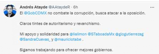 El respaldo de Andrés Atayde a Lía Limón por Twitter