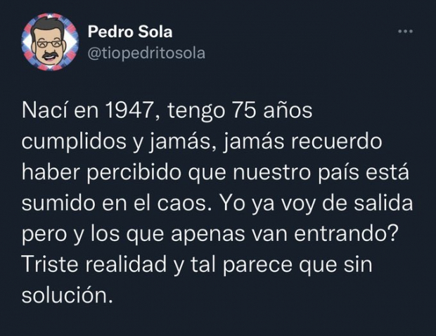 Mensaje publicado en la cuenta de Twitter de Pedro Sola.