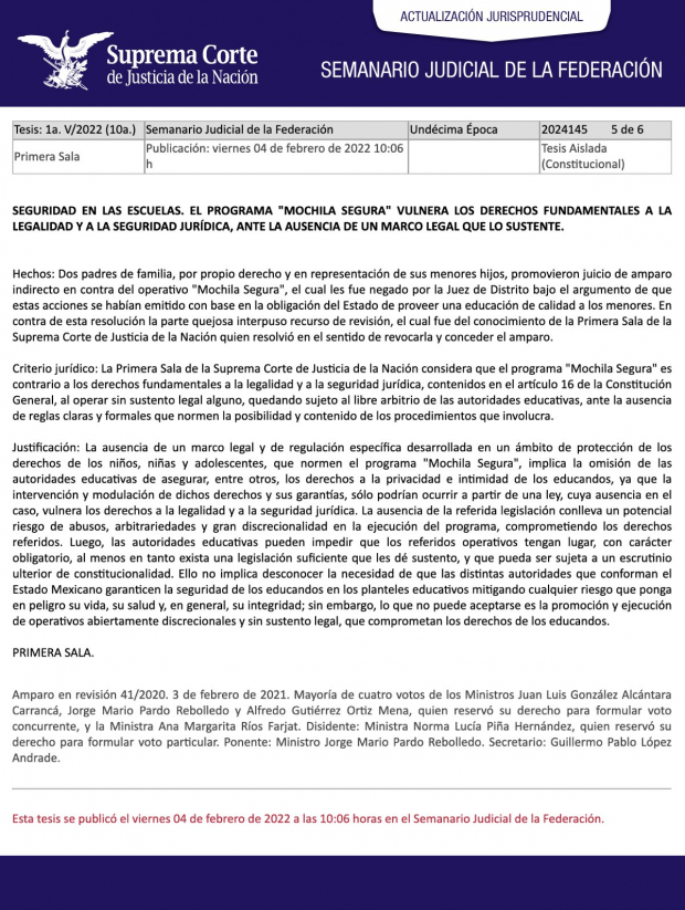 SCJN declara inconstitucional el programa "Mochila Segura"