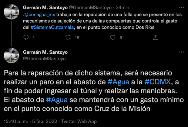 Mensaje publicado en la cuenta de Twitter de Germán M. Santoyo, titular de Conagua.