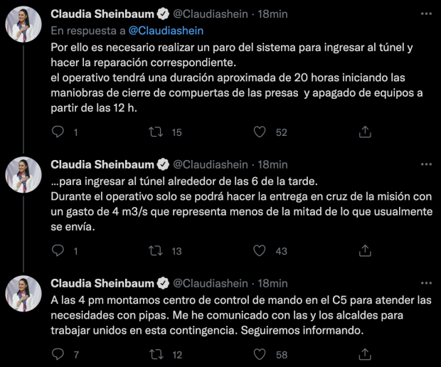 Mensaje publicado en la cuenta de Twitter de Claudia Sheinbaum.