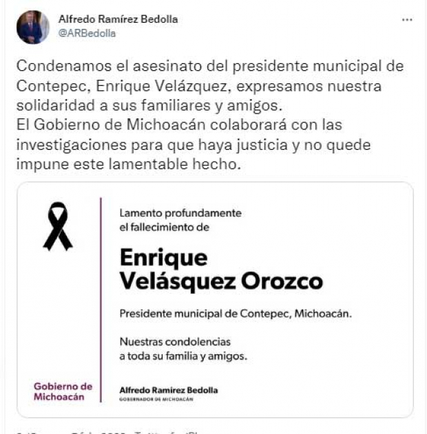 El mensaje en Twitter del gobernador, Alfredo Ramírez Bedolla, tras el asesinato del Enrique Velázquez