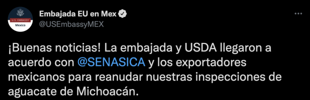 Mensaje publicado en la cuenta de Twitter de la embajada de EU en México.