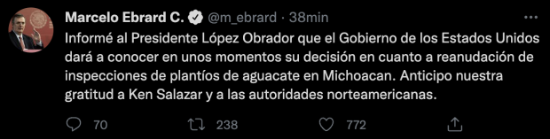 Mensaje publicado en la cuenta de Twitter de Marcelo Ebrard.