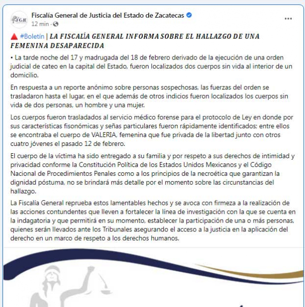 El comunicado en Facebook de la Fiscalía de Zacatecas