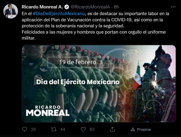 Ricardo Monreal agradeció la labor del Ejército Mexicano a través de Twitter.