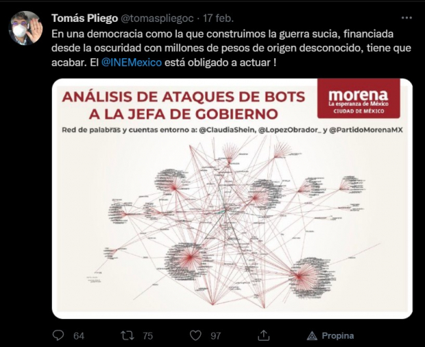 Tomás Pliego refirió el análisis presentado la semana pasada sobre "guerrilla digital" contra Claudia Sheinbaum, el Presidente de México y el partido Morena.