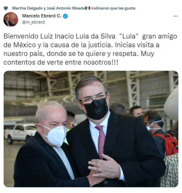 Marcelo Ebrard (SRE) recibe en México al expresidente Luiz Inácio Lula da Silva