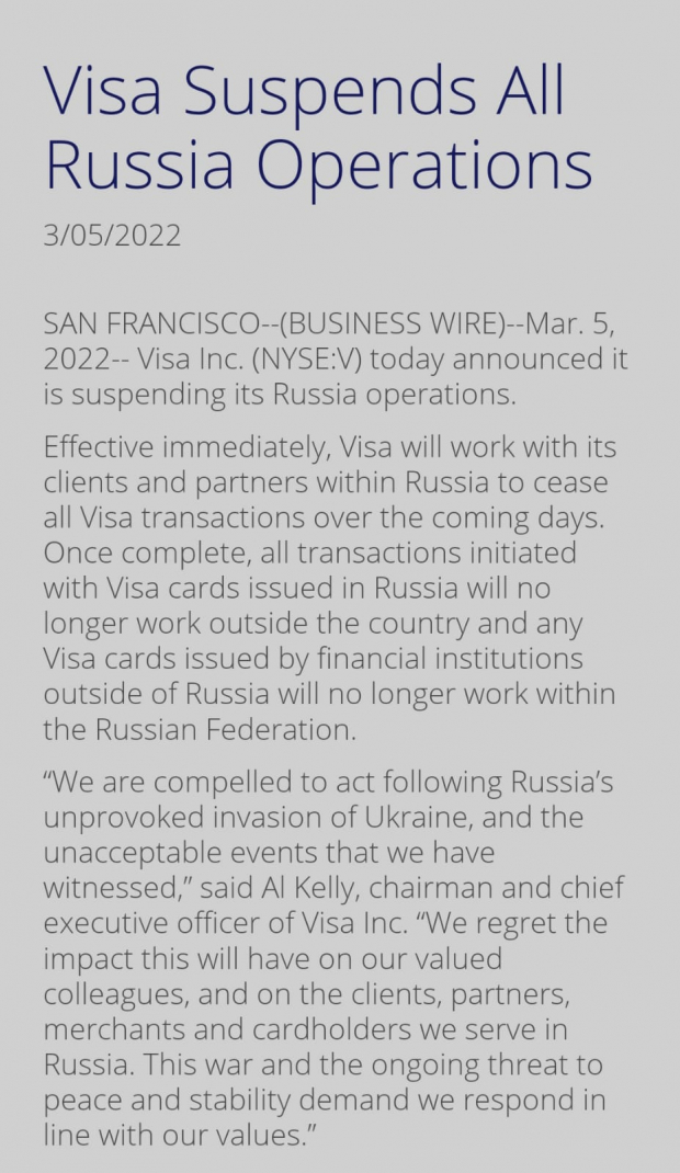 Visa anunció la suspensión de sus operaciones en Rusia.