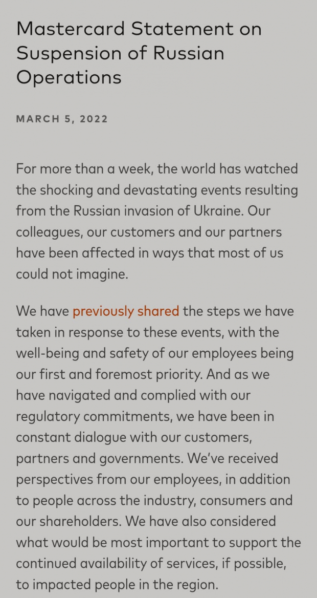 Parte de la declaración oficial de Mastercard sobre la suspensión de sus operaciones en Rusia.