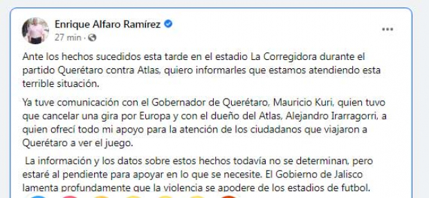 Lamenta gobernador de Jalisco violencia en Querétaro
