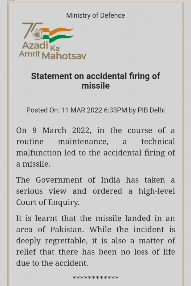 Comunicado del Ministerio de Defensa de la India.