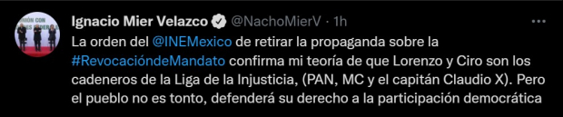 Ignacio Mier se manifestó en su cuenta de Twitter en contra de las determinaciones del INE.