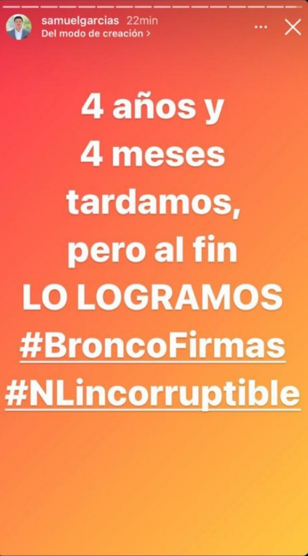 Samuel García subió una historia en su cuenta de Instagram donde celebró la detención de "El Bronco"