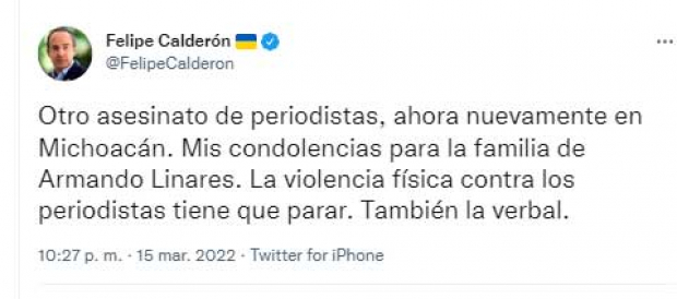 El mensaje de en Twitter, tras el asesinato del periodista Armando Linares