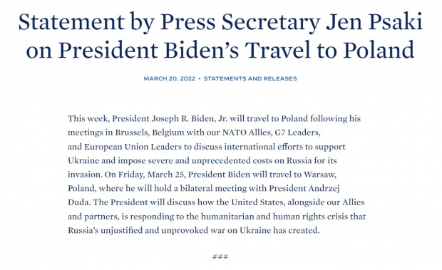 Joe Biden, presidente de EU, visitará Polonia: Casa Blanca.