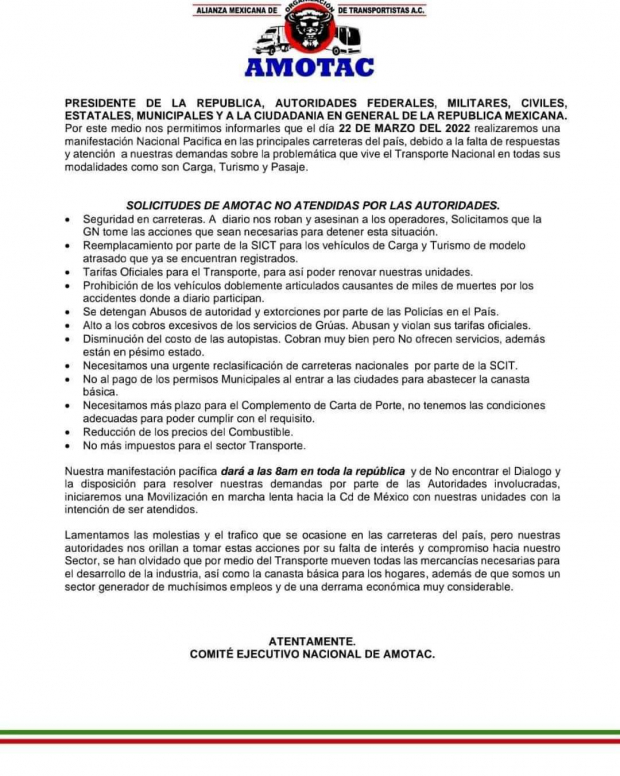 Comunicado de la Alianza Mexicana de Organización de Transportistas (AMOTAC).