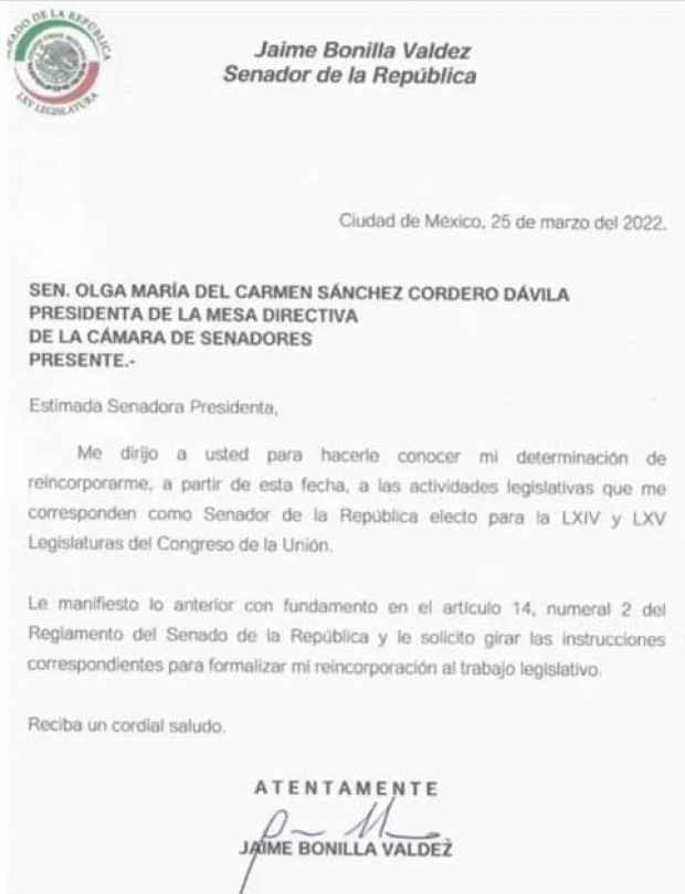 La solicitud de Jaime Bonilla para regresar al Senado de la República