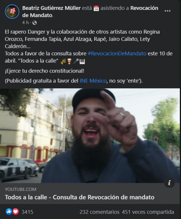 En Facebook, Gutiérrez Müller promovió el ejercicio de revocación con la canción "Consulta de Revocación de mandato"