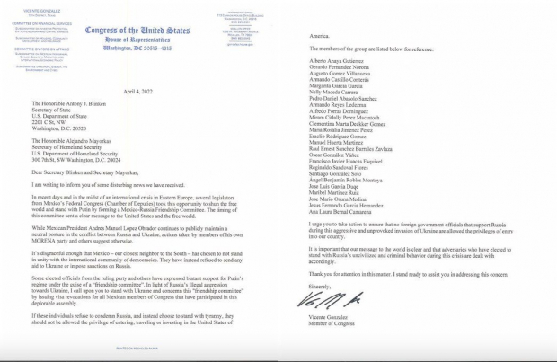 En una carta dirigida a los secretarios de Estado y de Seguridad Nacional, el representante demócrata Vicente González pide retirar la visa a diputados mexicanos que apoyan a Rusia.