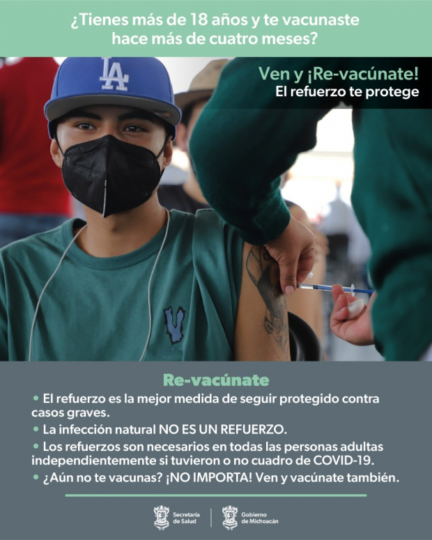 La Secretaría de Salud de Michoacán anunció la aplicación de la cuarta dosis de la vacuna contra el COVID-19, a partir de los 18 años