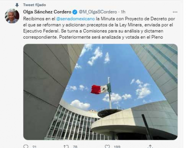 El mensaje de la senadora, Olga Sánchez Cordero, en Twitter