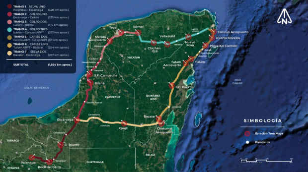 Tramos de la construcción del Tren Maya, que comprenden cerca de 1,500 kilómetros, que conectarán las principales regiones de la península de Yucatán.