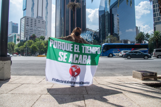activista muestra una manta con la frase "porque el tiempo se acaba", mientras en segundo plano es visible la "La Palma".