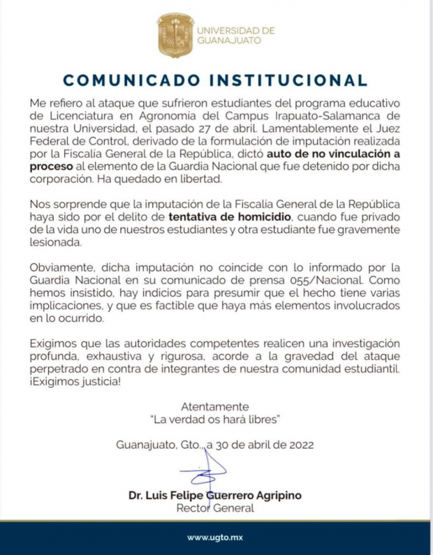 El comunicado dela Universidad de Guanajuato sobre el fallo del juez