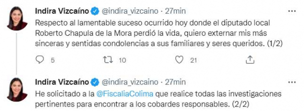 El mensaje en Twitter de la gobernadora de Colima tras el asesinato de Roberto Chapula