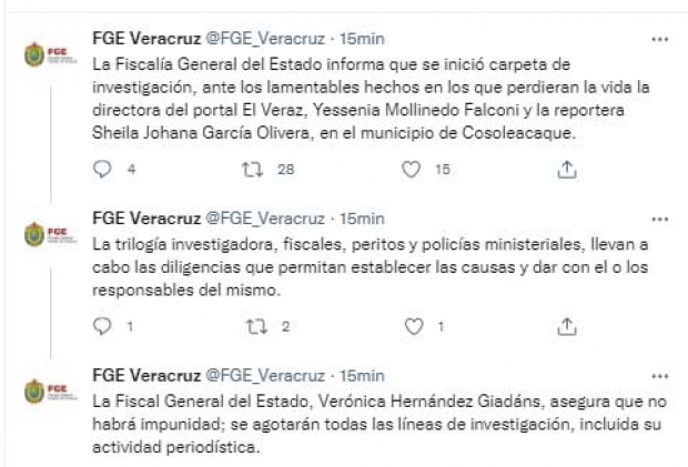 El mensaje ne Twitter de la FGE Veracruz