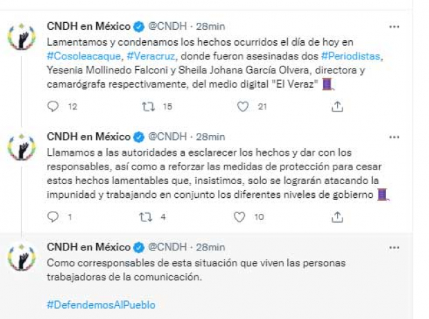 El mensaje de la CNDH tras el asesinato de dos periodistas este lunes en Veracruz