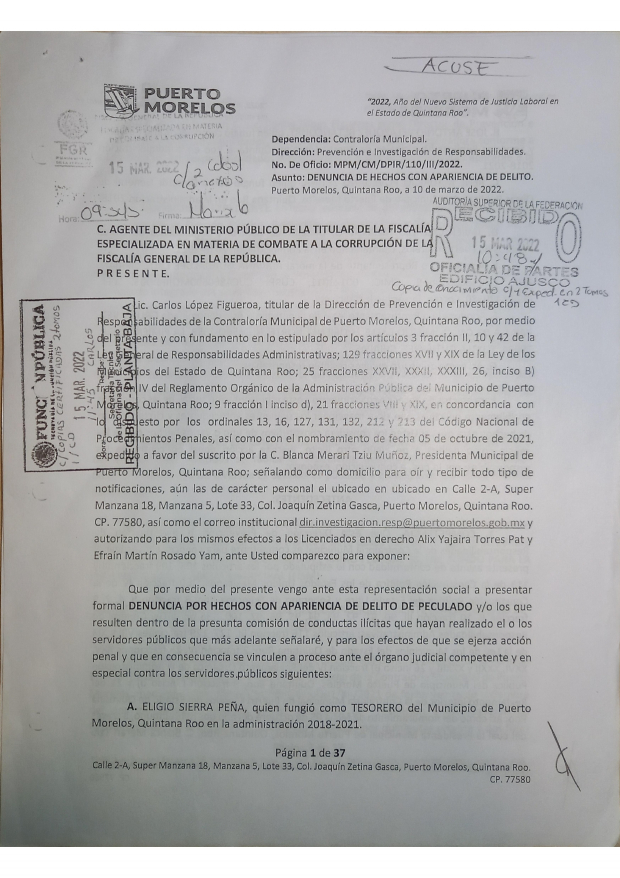 La denuncia presentada contra la expresidenta municipal, Laura Fernández Piña, en Puerto Morelos, Quintana Roo.