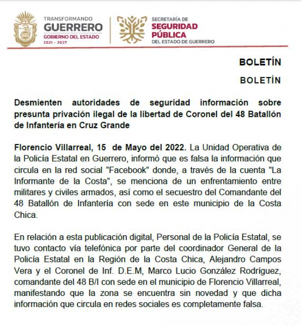 Autoridades de Guerrero desmienten información sobre presunta privación ilegal de la libertad de Coronel del 48 Batallón de Infantería en Cruz Grande