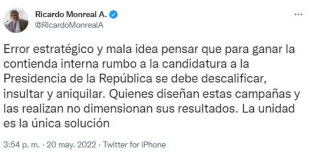 El mensaje del Senador, Ricardo Monreal, en Twitter