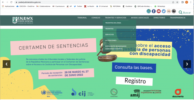 Al dar click en el apartado de Trámites y Servicios del sitio web del Tribunal Superior de Justicia de la CDMX, se ubica el ático para conocer el tipo de diligencia que se requiere.