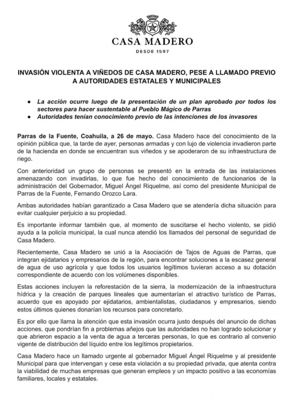 Comunicado de Casa Madero respecto al reciente incidente en sus instalaciones.