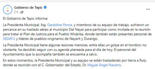 El comunicado del gobierno de Tepic sobre el aterrizaje de emergencia donde viajaba Geraldine Ponce